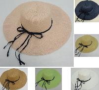 Ladies Woven Summer Hat w Navy Shoestring Ribbon